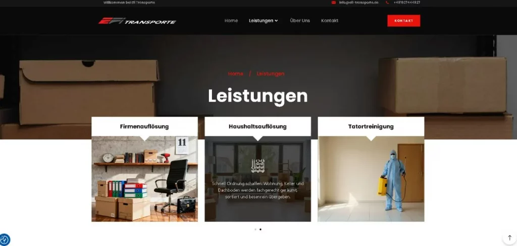 Übersicht der Leistungen auf der Website von EFI Tranporte