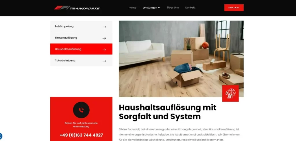 Beispielseite einer einzelnen Leistung von EFI Tranporte