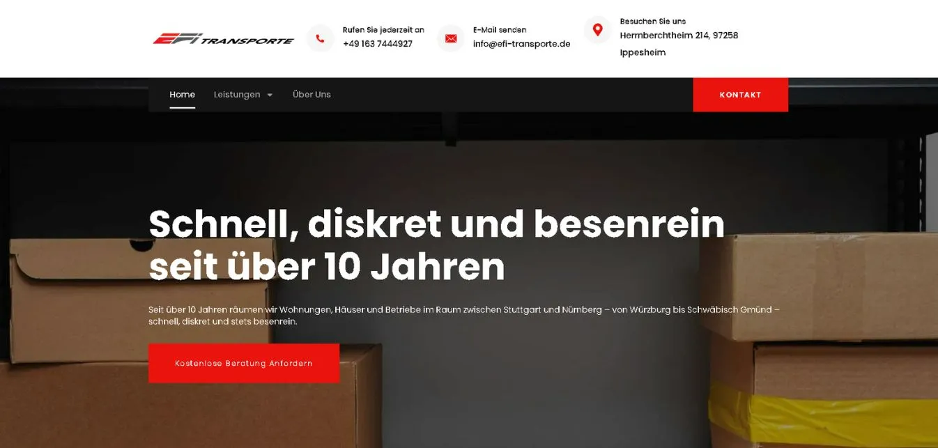 Startseite der Website von EFI Tranporte