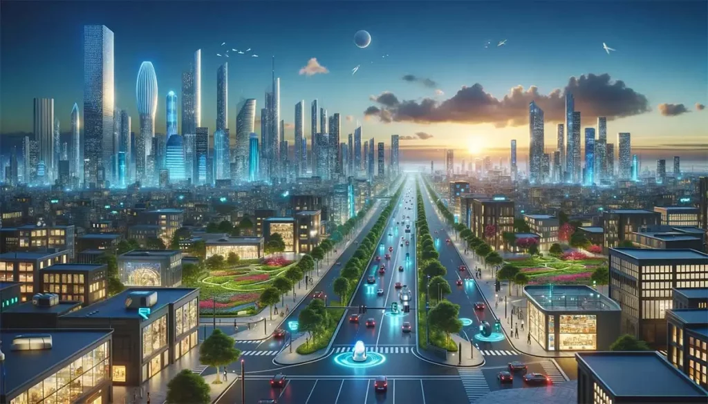 Eine lebendige futuristische Stadtansicht bei Daemmerung die eine optimistische und technologisch fortschrittliche Atmosphaere ausstrahlt