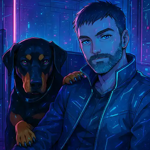 Futuristic digital illustration of Oleg, CEO and co-founder of AkiByte, sitting with his dog in a neon-lit environment representing innovation and technology.