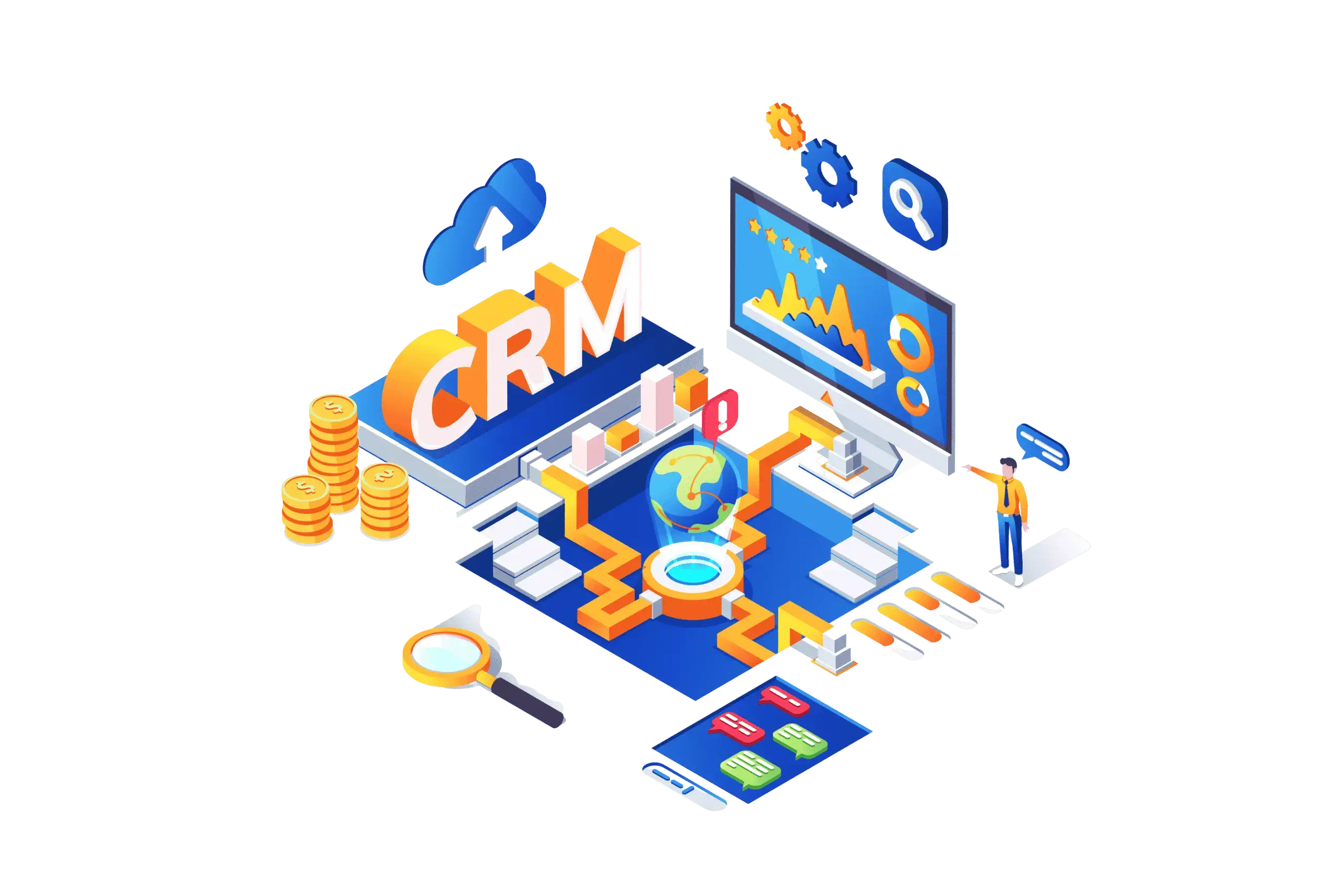 3D-isometrische Illustration einer CRM-Software mit Diagrammen, Kommunikationstools und Münzen als Darstellung von AkiBytes CRM-Lösung und datengetriebenem Kundenmanagement