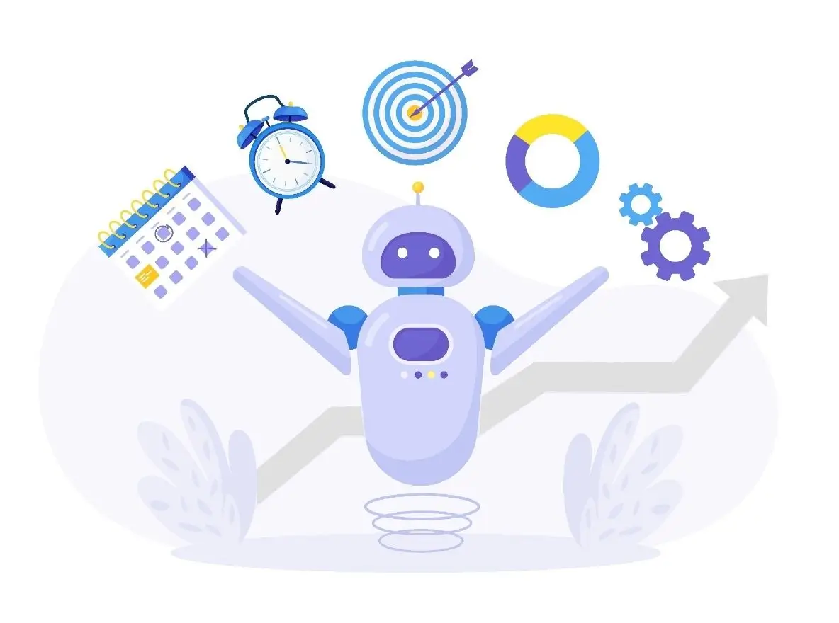 Freundlicher Automatisierungsroboter verwaltet Zeit, Aufgaben und Leistungsdiagramme – Symbol für AkiBytes intelligente Workflow-Automatisierung und Produktivitätstools