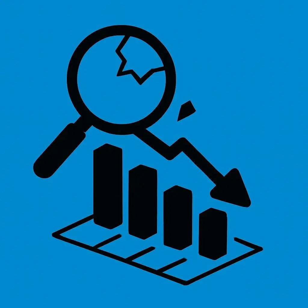 Zerbrochene Lupe über fallendem Balkendiagramm als Symbol für gescheiterte SEO-Leistung und Probleme im Suchmaschinenranking