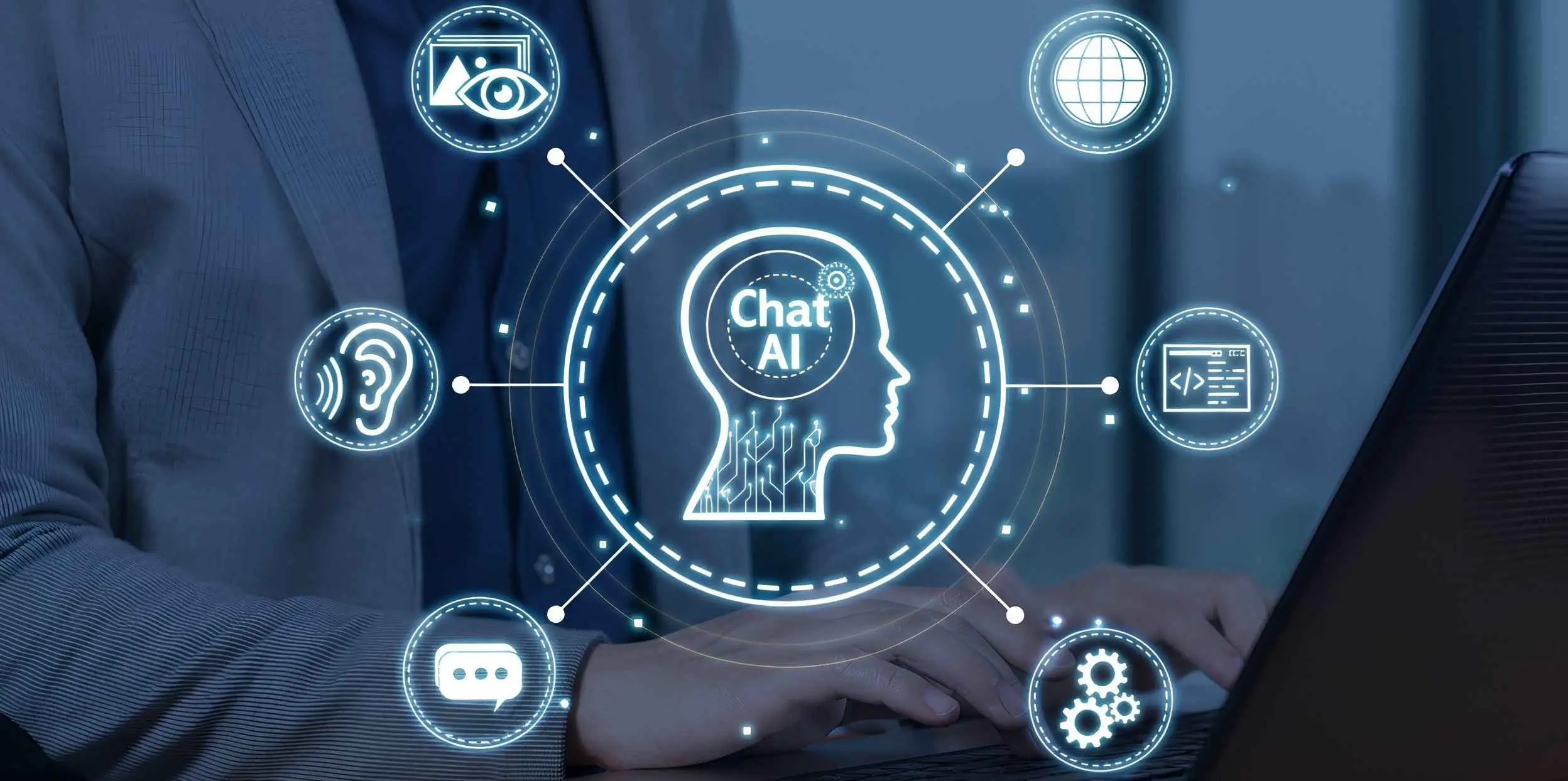 Chat-KI-Silhouette mit Symbolen für Code, Vision und Automatisierung, stellvertretend für AkiBytes individuelle GPTs, KI-Assistenten und intelligente Prozessautomatisierung