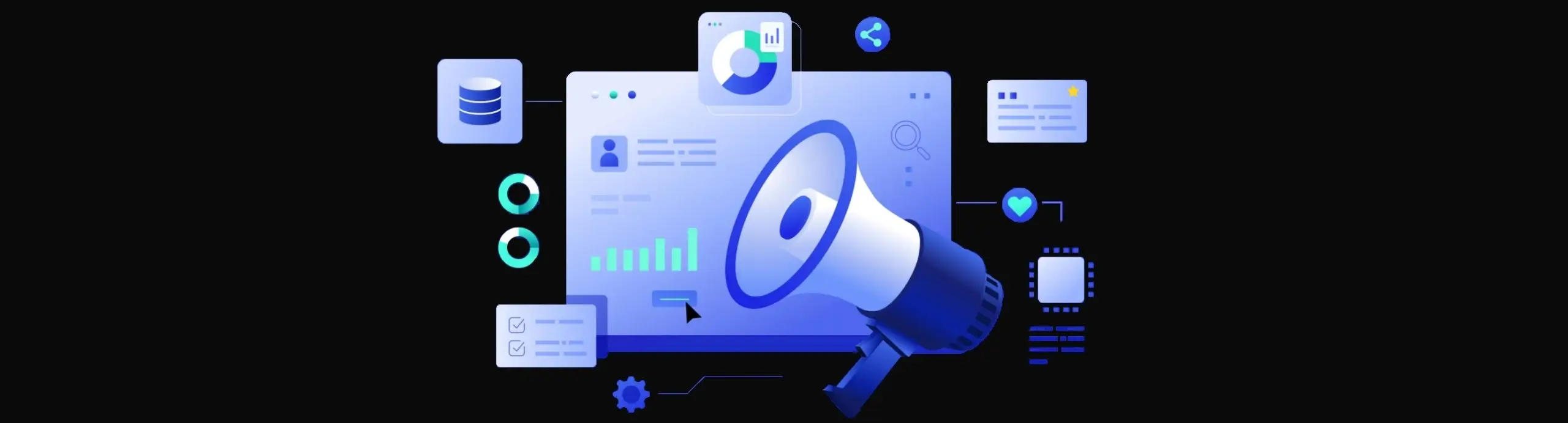 3D-Darstellung mit Megafon, Analyse-Dashboard und Symbolen für datengesteuertes Marketing und Performance-Einblicke