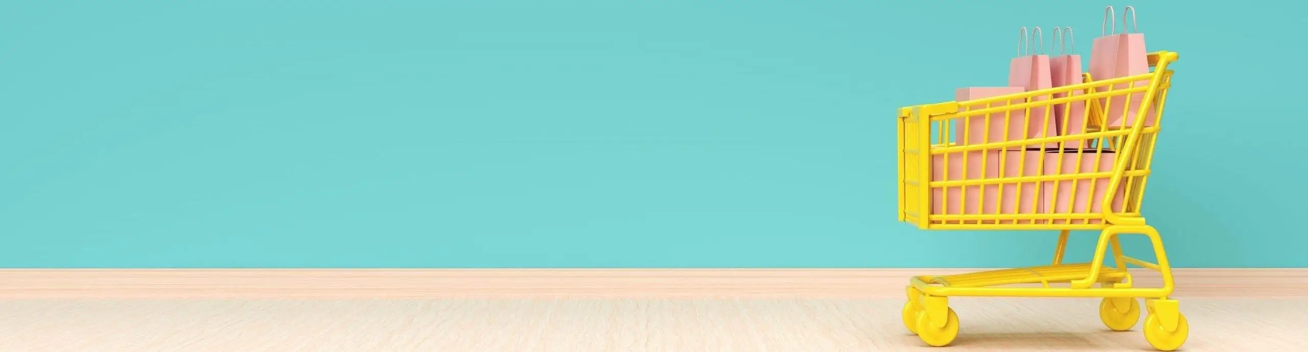 Gelber Einkaufswagen mit rosa Papiertüten auf hellem Holzboden und türkisfarbenem Hintergrund steht für Online-Shopping und digitalen Einzelhandelserfolg