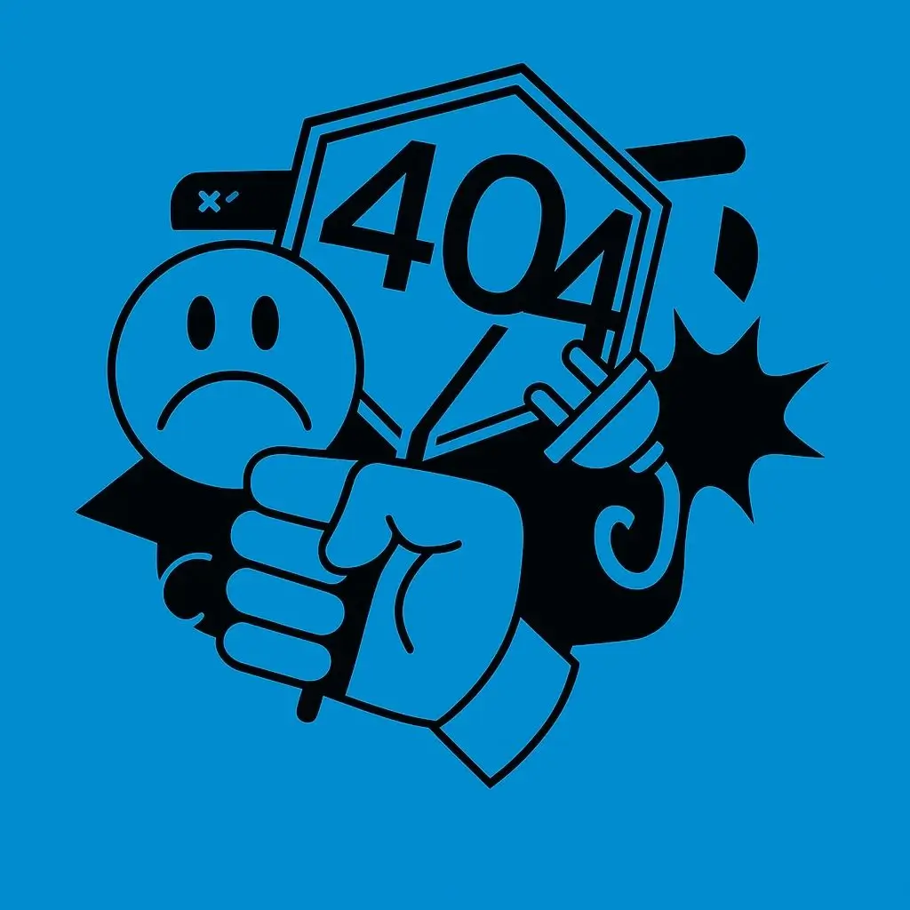 Illustration mit großem „404“-Zeichen, traurigem Gesicht und Warnsymbolen auf Blau, die auf Website-Probleme und eine schlechte Nutzererfahrung hinweisen, die behoben werden müssen