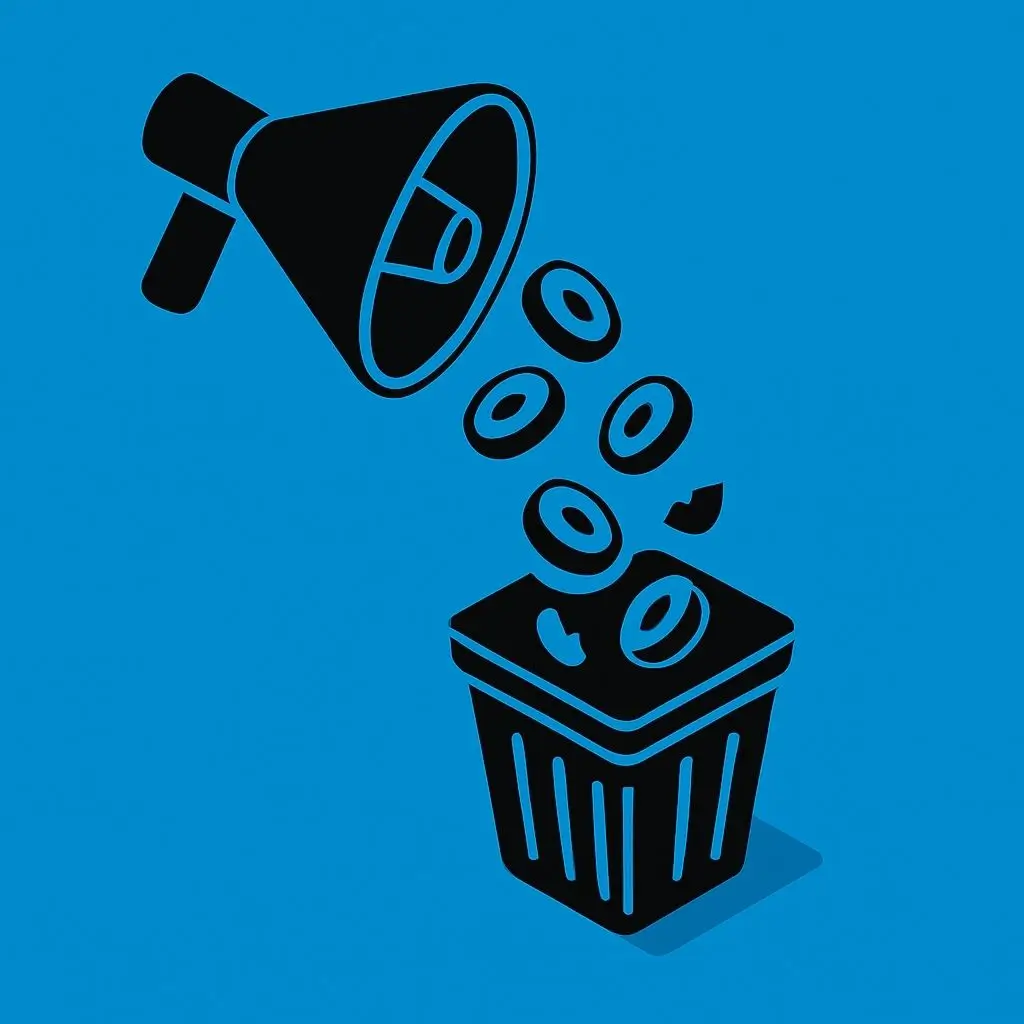 Symbol eines Megafons, das Münzen in einen Mülleimer schüttet, als Sinnbild für verschwendetes Marketingbudget und niedrigen Kampagnen-ROI