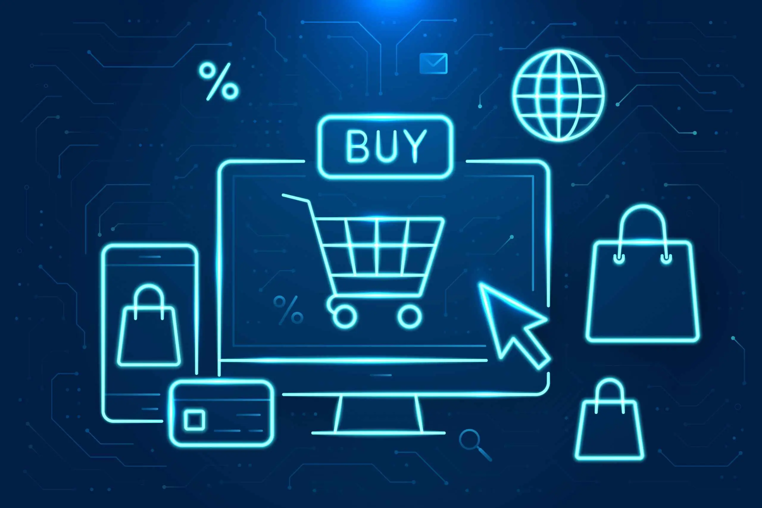 Neonblaue Illustration eines Einkaufswagens, einer Kreditkarte und Einkaufssymbole als Darstellung von AkiBytes E-Commerce-Automatisierung und intelligenten Onlineshop-Systemen