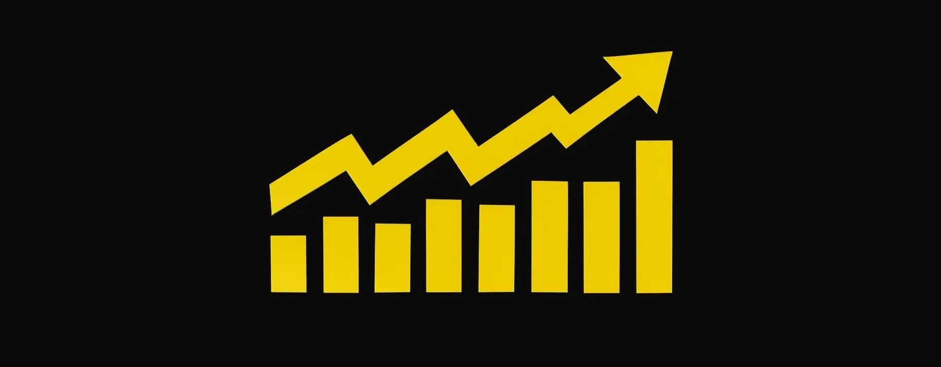 Gelbes aufwärts gerichtetes Diagrammsymbol auf schwarzem Hintergrund, das SEO-Wachstum, Sichtbarkeit und Leistungssteigerung symbolisiert