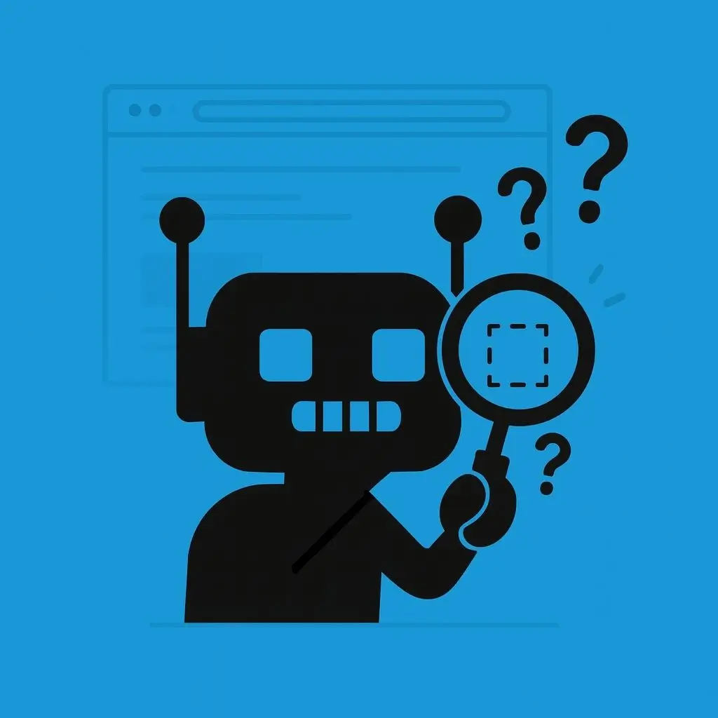 Illustration eines Roboters mit Lupe und Fragezeichen, Symbol für schlechte Google-Snippet-Optimierung und Probleme bei der Website-Indexierung