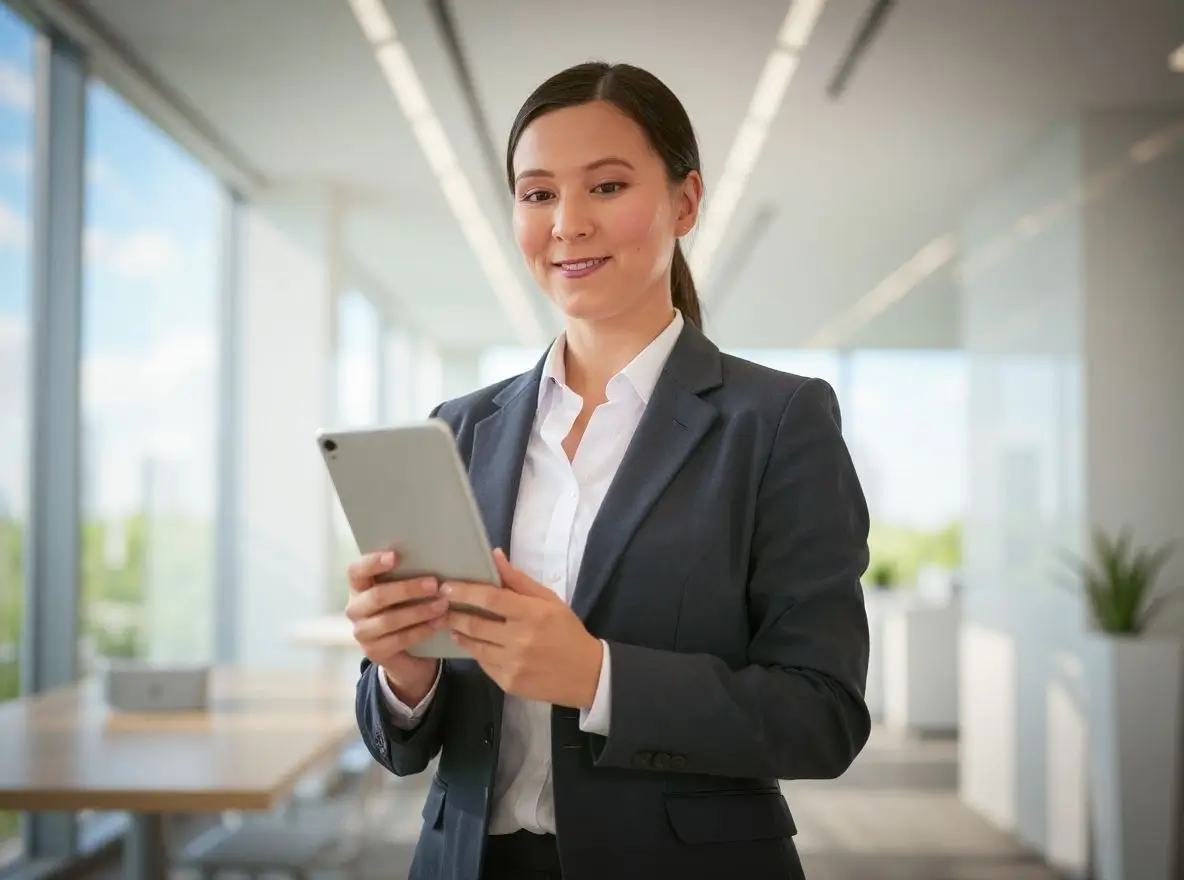 Berufstätige Frau nutzt Tablet im modernen Büro und zeigt, wie AkiBytes Automatisierungsservices Arbeitsabläufe vereinfachen und die Produktivität steigern