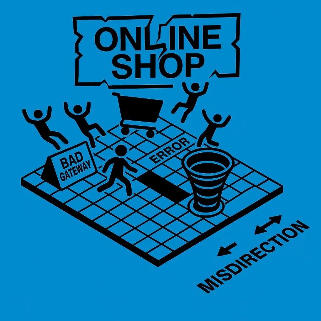 Blaue Illustration mit defekten Online-Shop-Symbolen, Einkaufswagen-Fehlern und „Bad Gateway“-Hinweis, die gescheiterte E-Commerce-Leistung und schlechte Nutzererfahrung darstellen