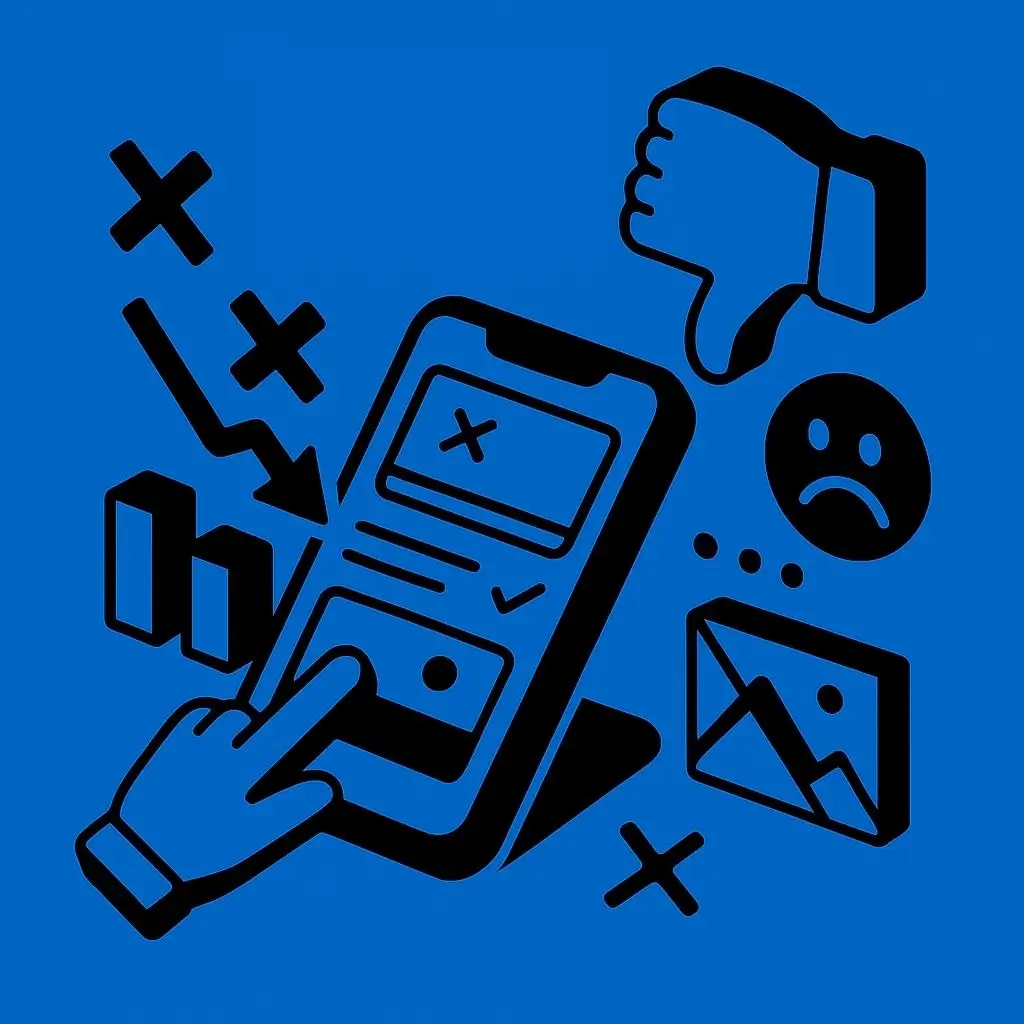 Illustration von schlechter mobiler Nutzererfahrung mit Daumen nach unten, traurigem Gesicht, defektem Bild und verwirrenden Layout-Symbolen auf blauem Hintergrund, die Bedienungsprobleme verdeutlichen