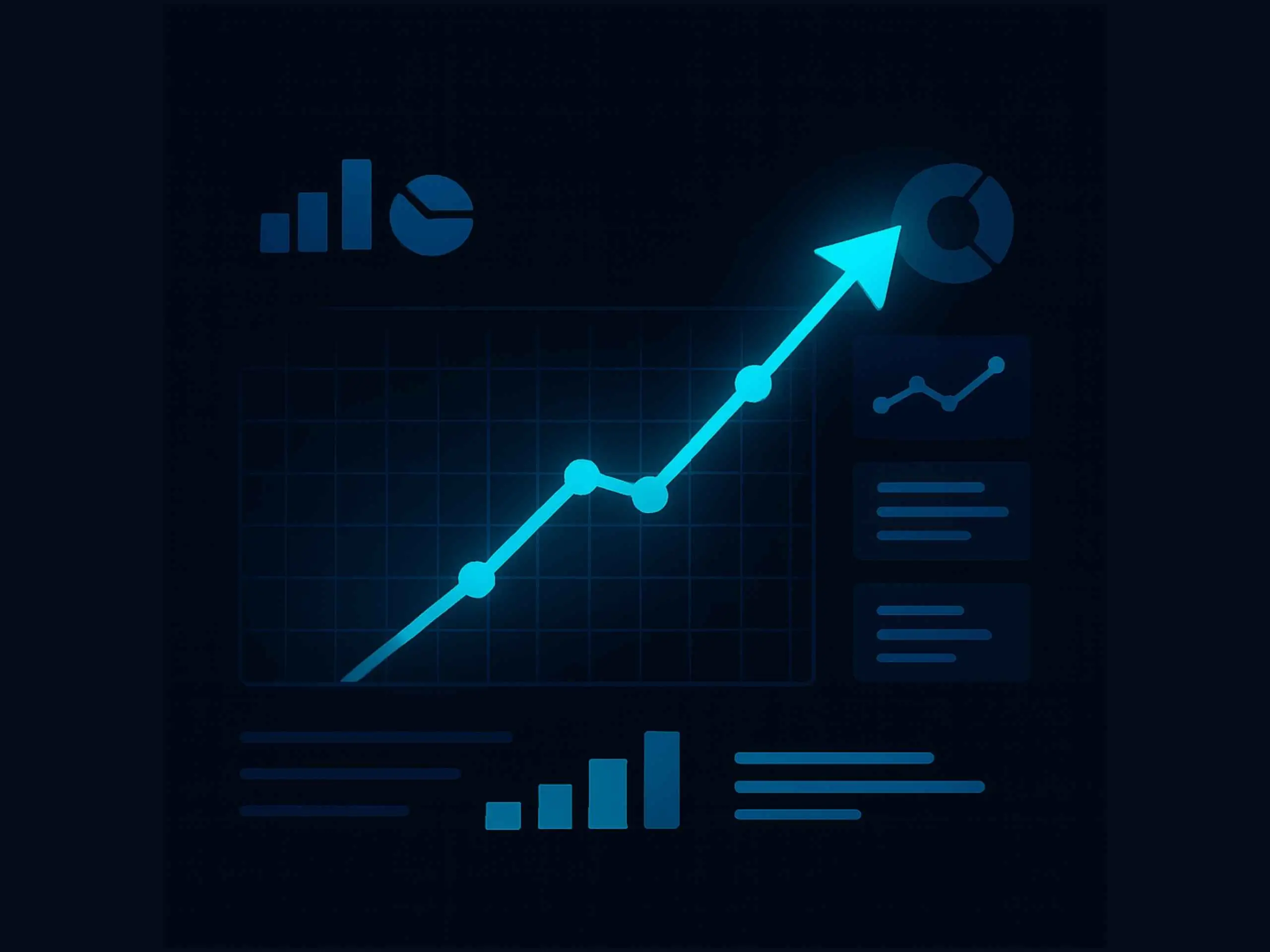 Blaues Digital-Dashboard mit aufsteigendem Wachstumstrend und Analysemetriken