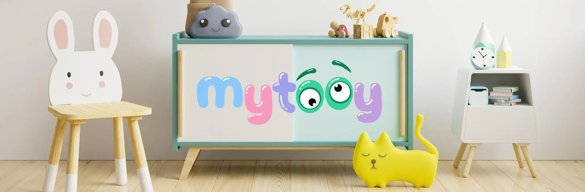 MyTooy Startseiten-Banner mit verspielten Kindermöbeln und Logo einer kreativen, edukativen Spielzeugmarke
