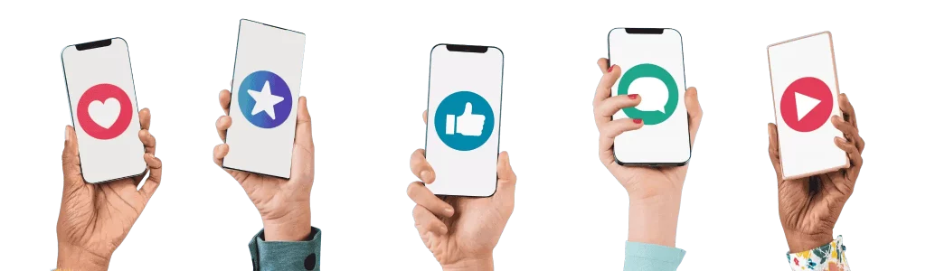 Hände halten Smartphones mit Social-Media-Symbolen für Likes, Shares und Nachrichten einer erfolgreichen Marketingkampagne