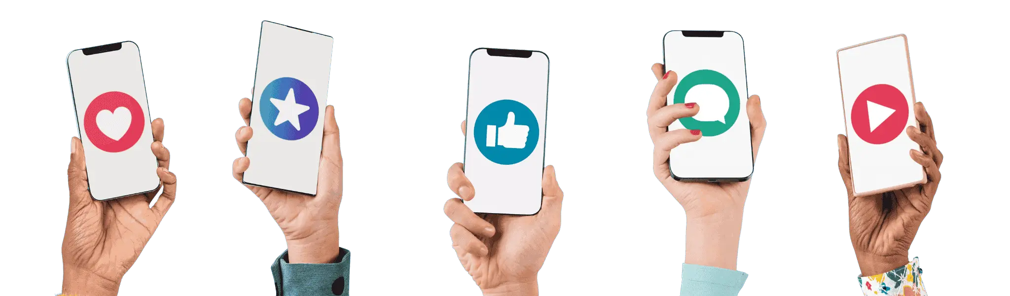 Hände halten Smartphones mit Social-Media-Symbolen für Likes, Shares und Nachrichten einer erfolgreichen Marketingkampagne