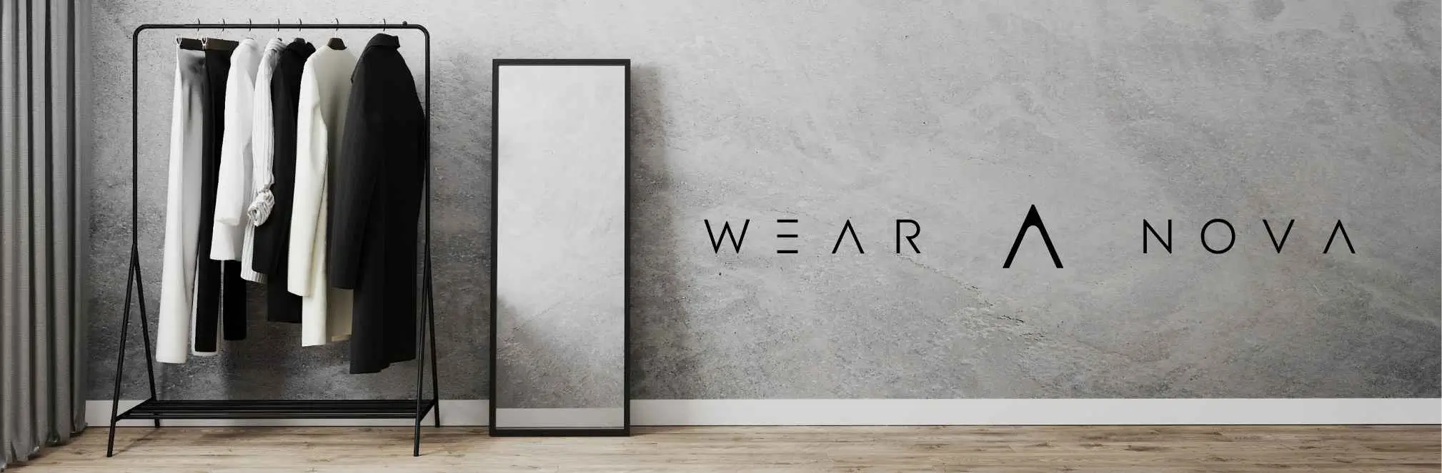 Startbild von Wear A Nova mit minimalistischem Kleiderständer und Logo einer modernen nachhaltigen Modemarke