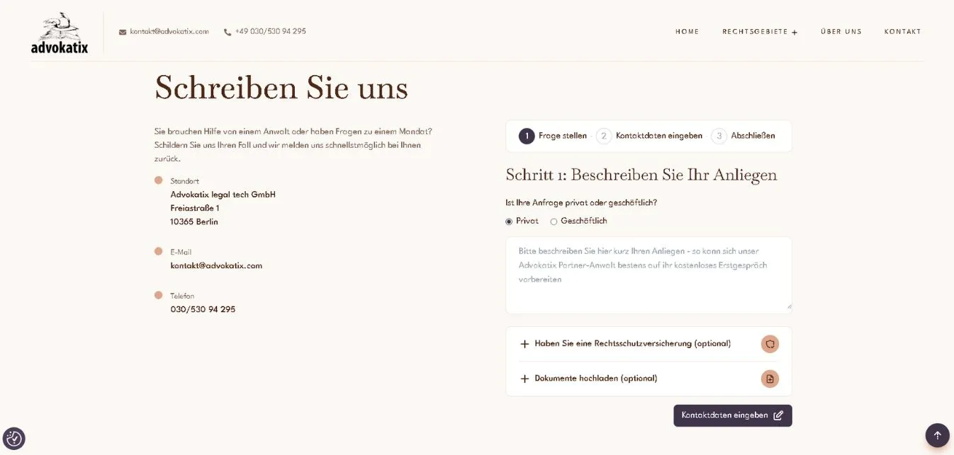 Startseite des Website von Advokatrix