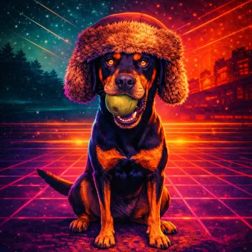 Aki, das schlanke schwarz-braune Hundemaskottchen der Digitalagentur Akibyte, sitzt frontal mit Hut und Tennisball in einer neonfarbenen retro-futuristischen Cyberpunk-Illustration