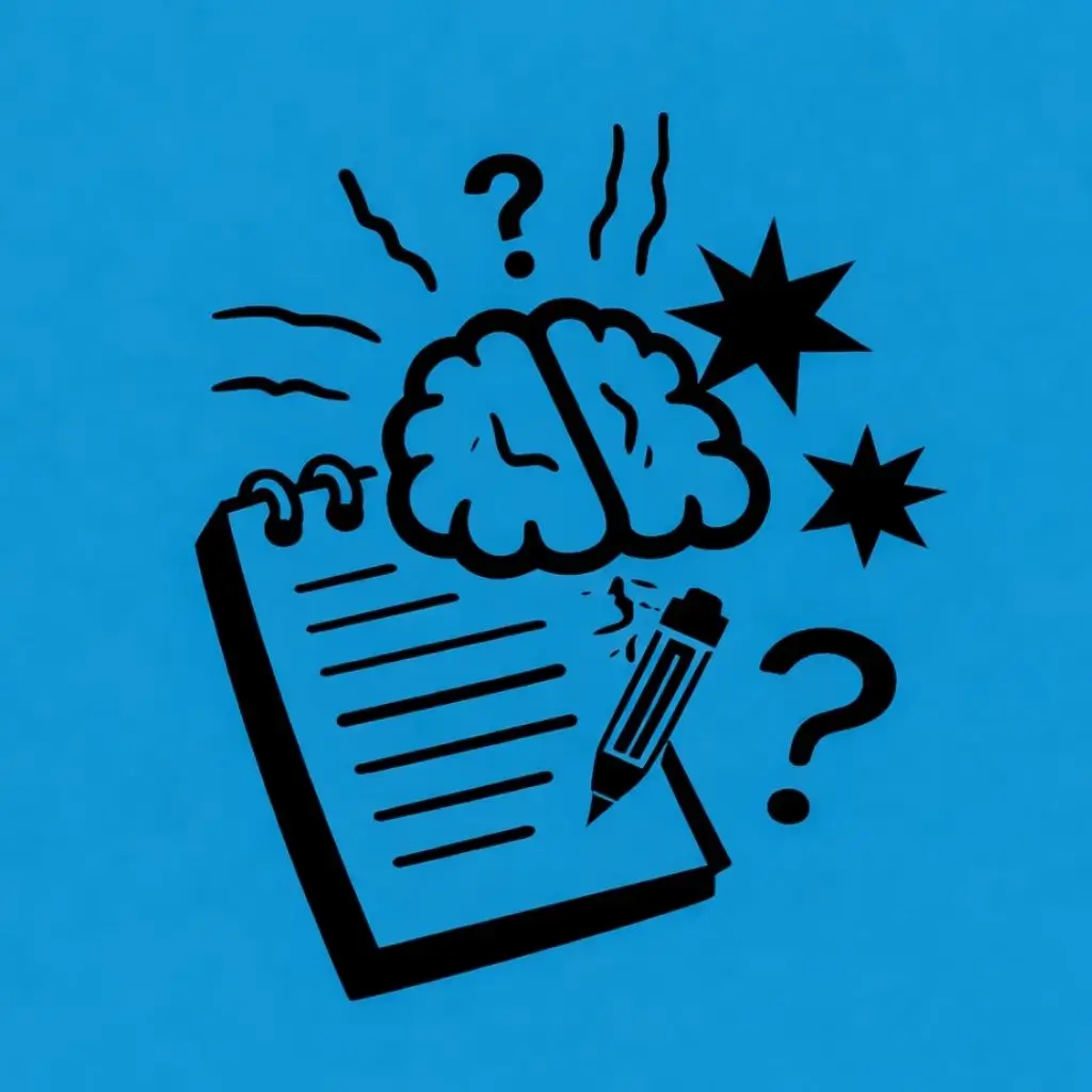 Minimalistische schwarz-blaue Illustration eines Notizblocks, Gehirns, Bleistifts und Fragezeichen, die Stress und mentale Blockaden bei der Inhaltserstellung symbolisieren