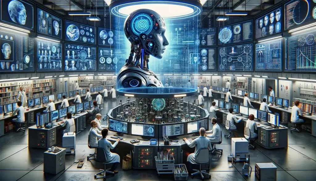 Ein futuristisches Labor mit hochmoderner Technologie und zahlreichen Bildschirmen auf denen komplexe Algorithmen und Codes zu sehen sind