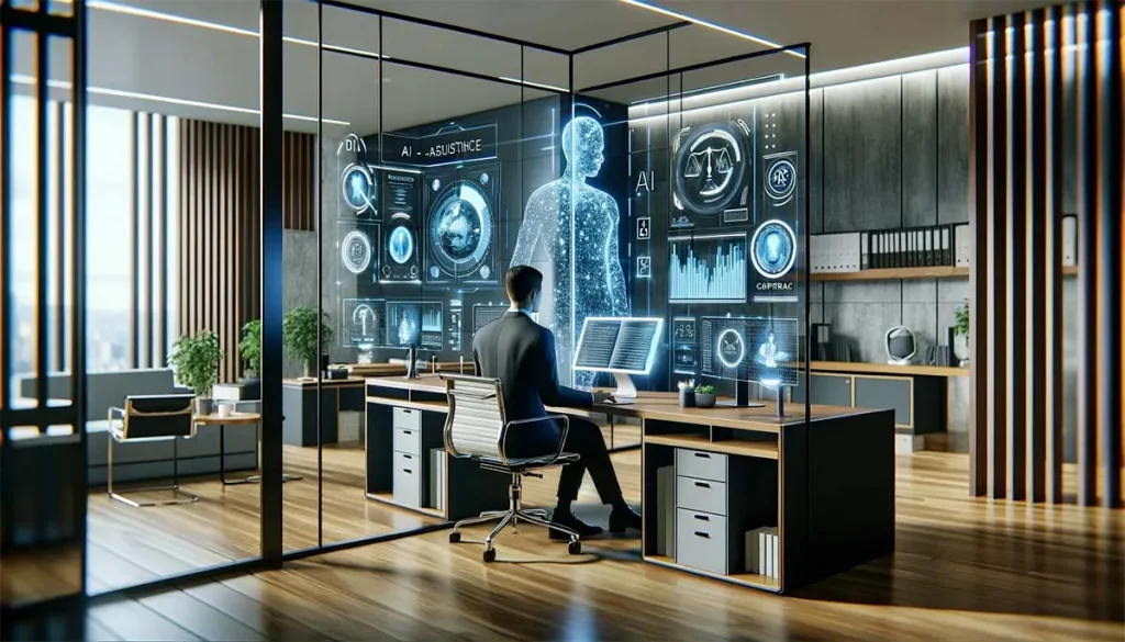 Eine moderne futuristische Anwaltskanzleiumgebung mit einer echten Person die an einem High Tech Schreibtisch arbeitet