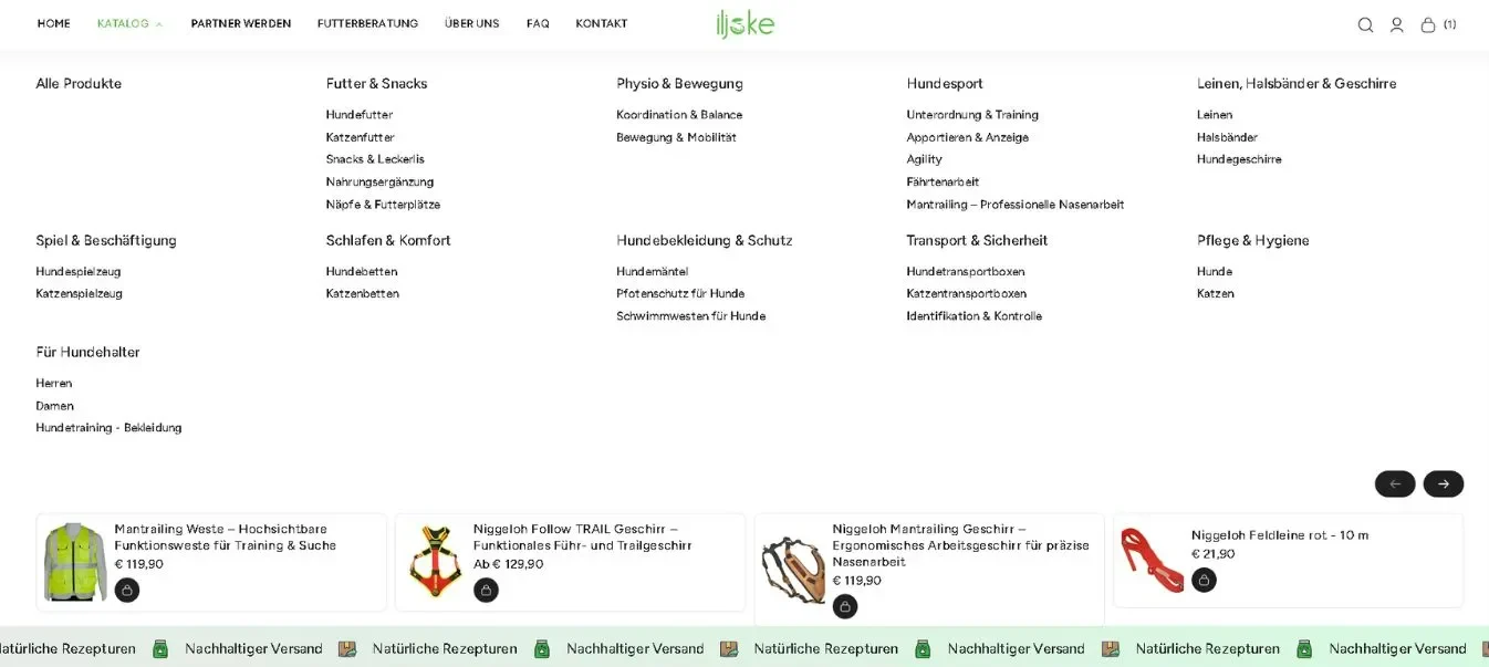 Mega-Menü des Online-Shops von Il Joke – Desktop-Ansicht