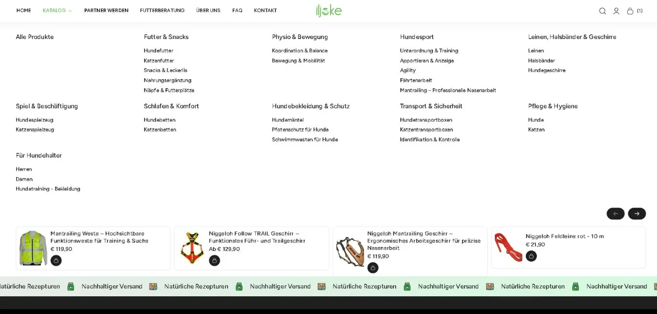 Mega-Menü des Online-Shops von Il Joke – Desktop-Ansicht