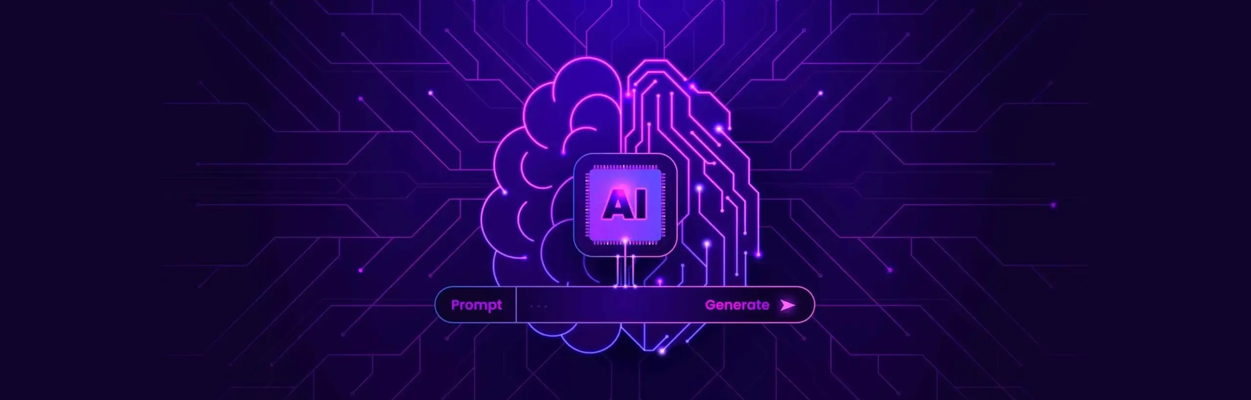 Neon-Illustration eines KI-Gehirnchips mit „Prompt“- und „Generate“-Interface, symbolisiert KI-gestützte Inhaltserstellung