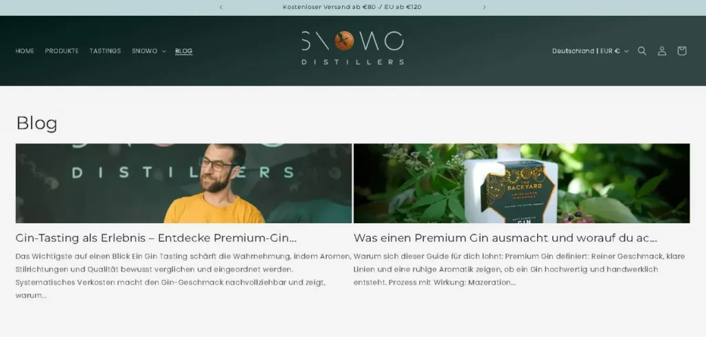 Screenshot des Blogbereichs auf der Website von SNOWO Distillers mit Artikeln zu Gin-Tastings und Premium-Gin