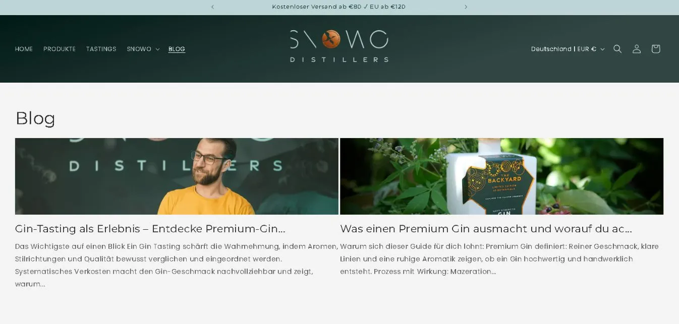 Screenshot des Blogbereichs auf der Website von SNOWO Distillers mit Artikeln zu Gin-Tastings und Premium-Gin