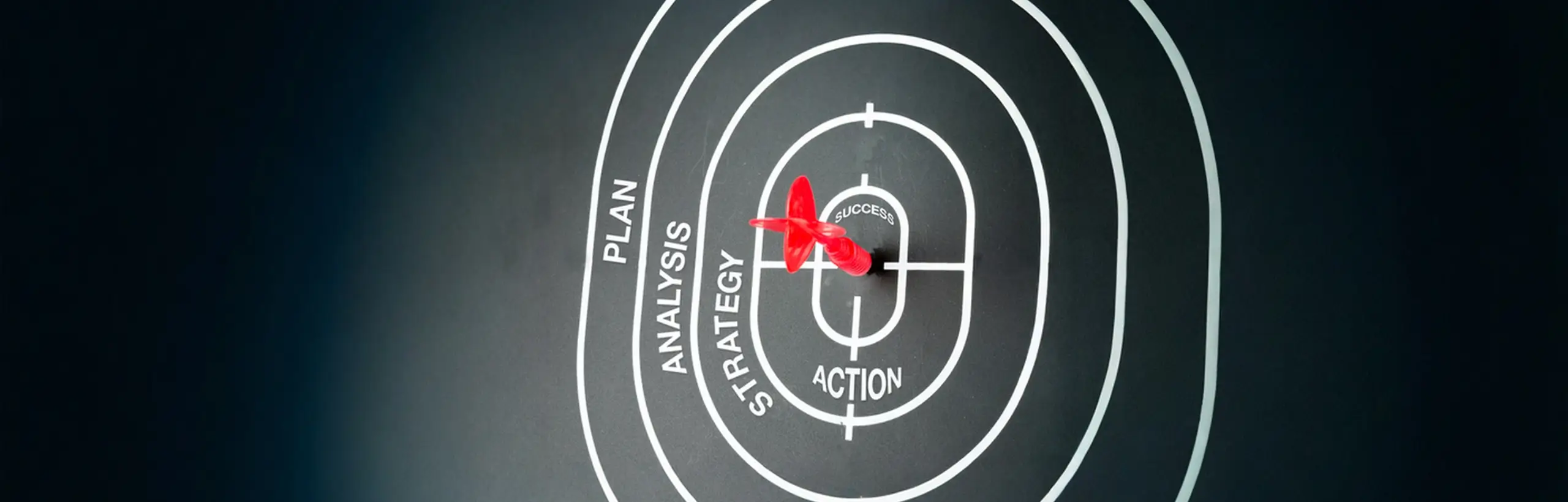 Roter Dartpfeil trifft die Zielmitte mit dem Schriftzug „Erfolg“, umgeben von den Wörtern Planung, Analyse, Strategie und Aktion – Symbol für zielorientierte Marketingstrategie