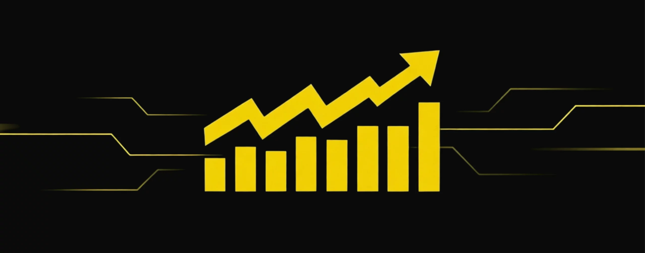 Gelbes aufwärts gerichtetes Diagrammsymbol auf schwarzem Hintergrund, das SEO-Wachstum, Sichtbarkeit und Leistungssteigerung symbolisiert