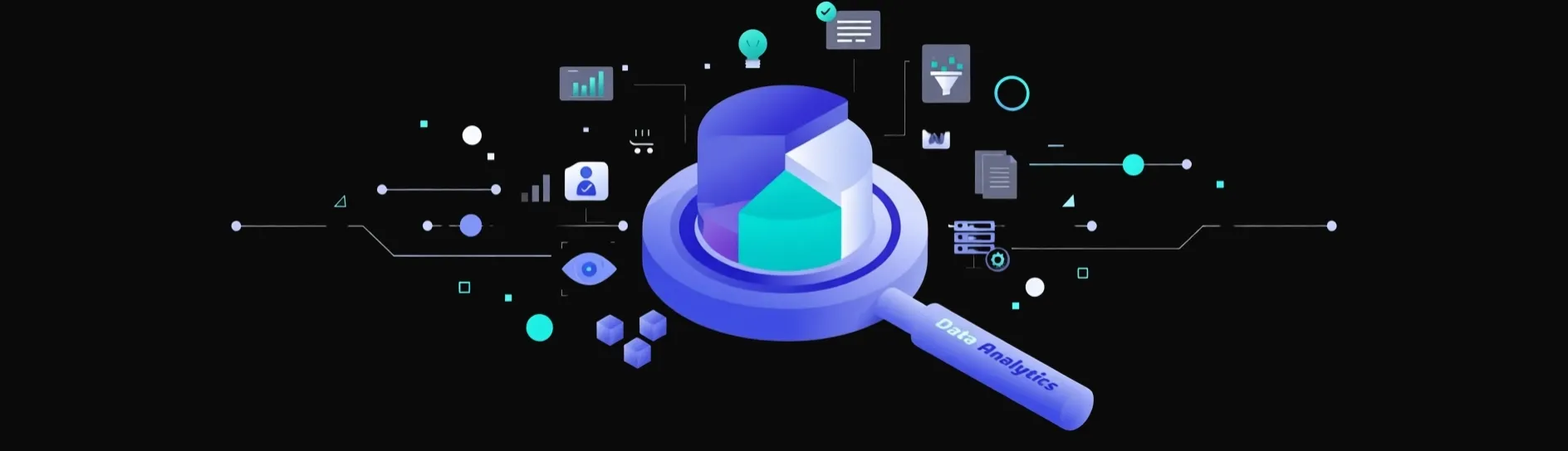 Digitale Illustration einer Lupe über einem 3D-Tortendiagramm mit Analyse-Icons, die GEO-Datenanalyse und Optimierung darstellen
