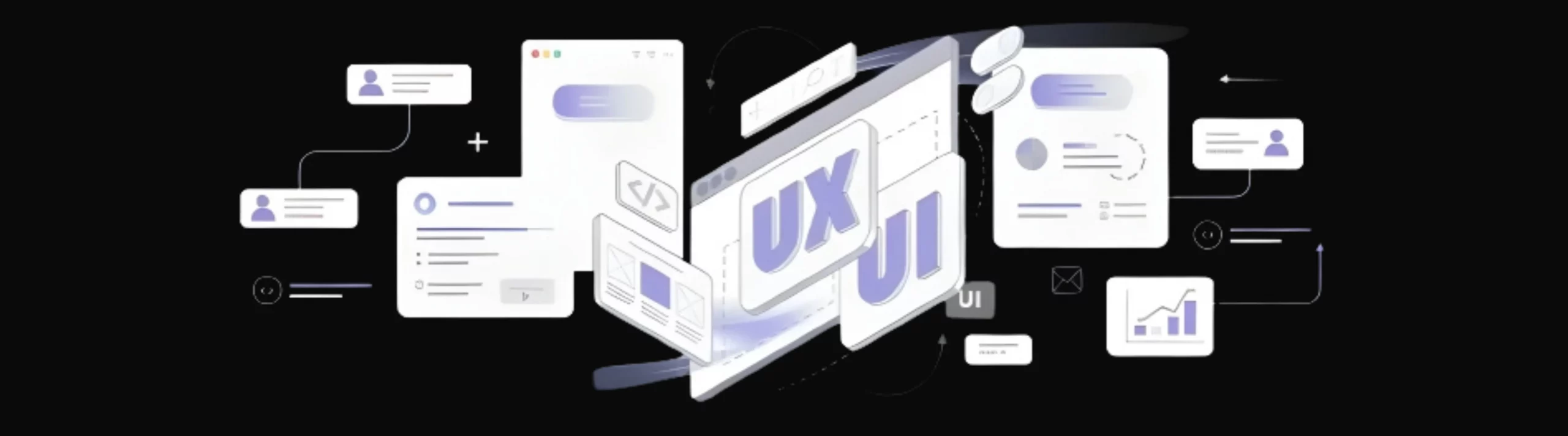 Isometrische Benutzeroberfläche mit UX- und UI-Panels, Wireframes, Code und Schaltern auf dunklem Hintergrund – Darstellung modernen Interface-Designs