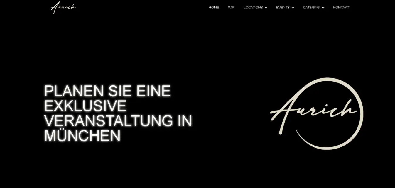 Startseite von Aurich Catering mit schwarzem Hintergrund und dem Schriftzug Planen Sie eine exklusive Veranstaltung in München