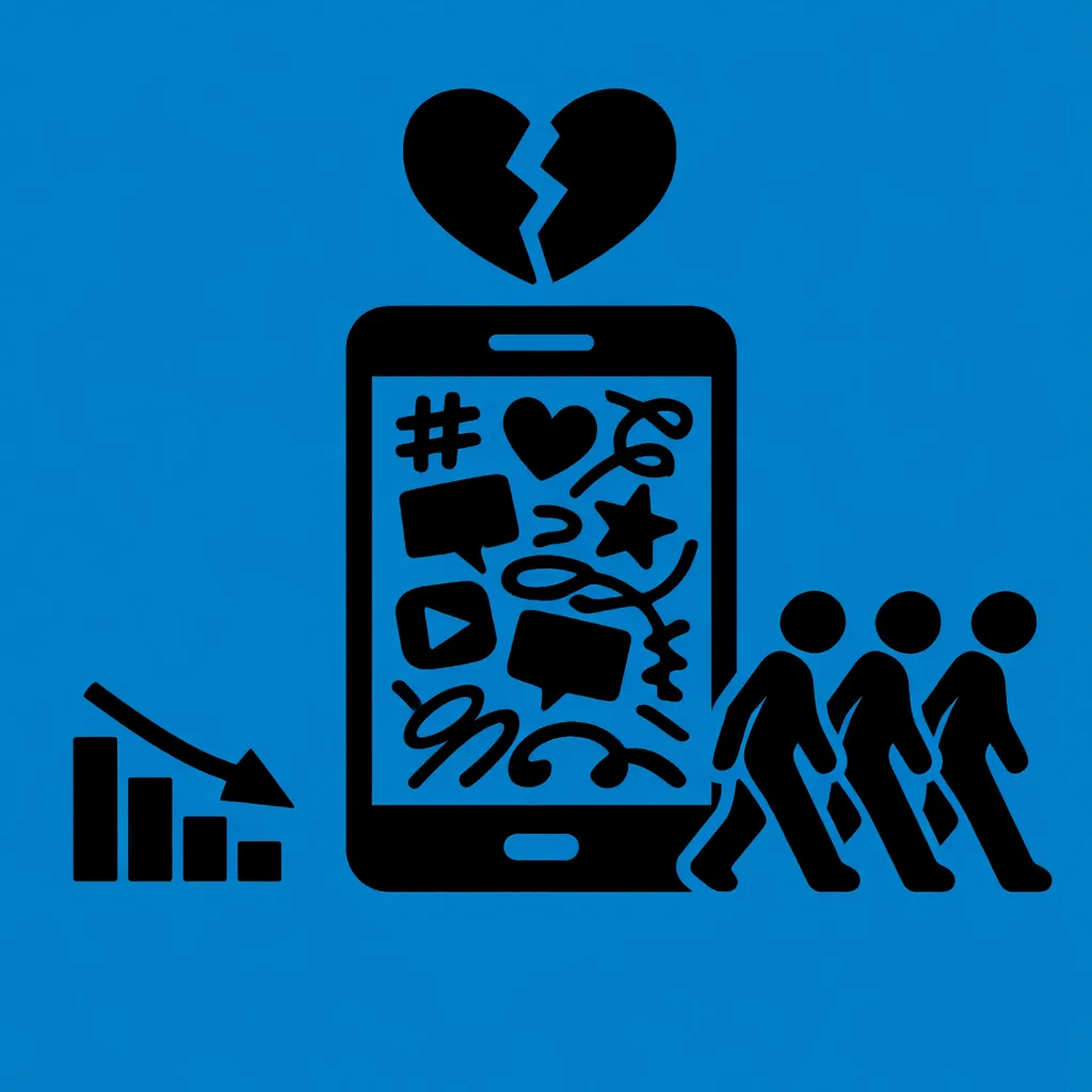 Flaches Icon auf blauem Hintergrund mit Smartphone, chaotischem Feed, gebrochenem Herz, fallendem Diagramm und Personen, die sich abwenden – Symbol für Kundenverlust durch fehlende Social-Media-Strategie.