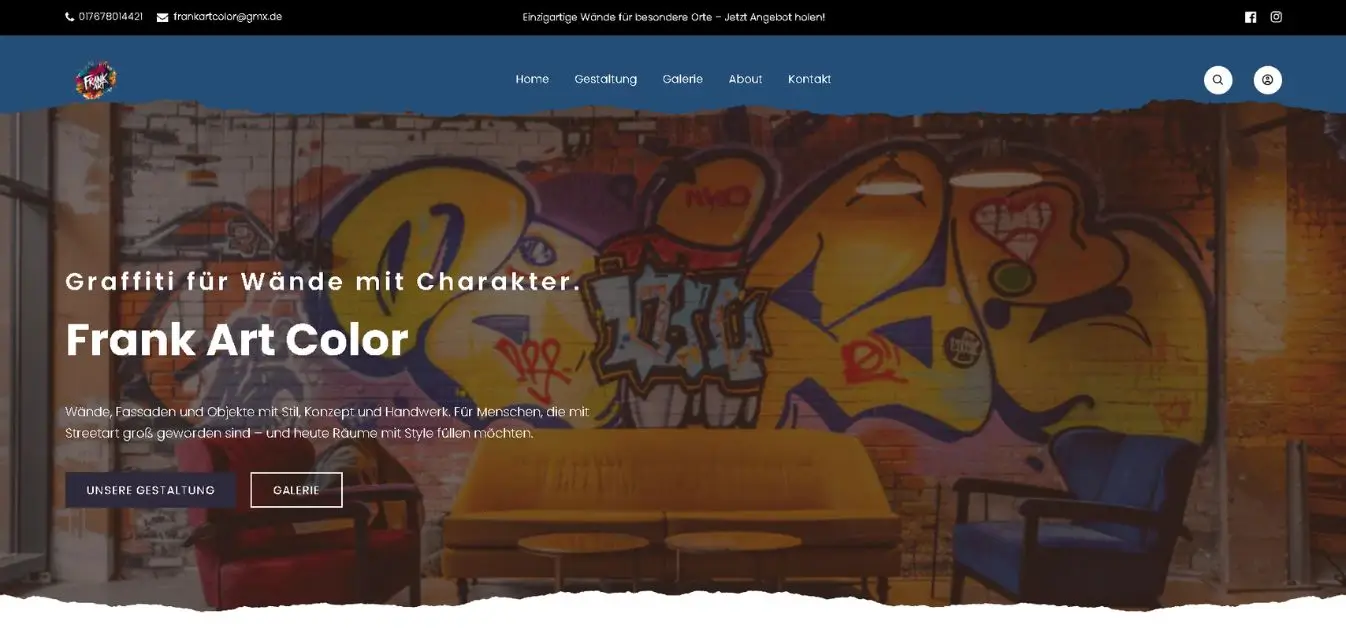 Startseite von Frank Art Color mit großflächigem Graffiti und Navigation zu Gestaltung Galerie und Kontakt