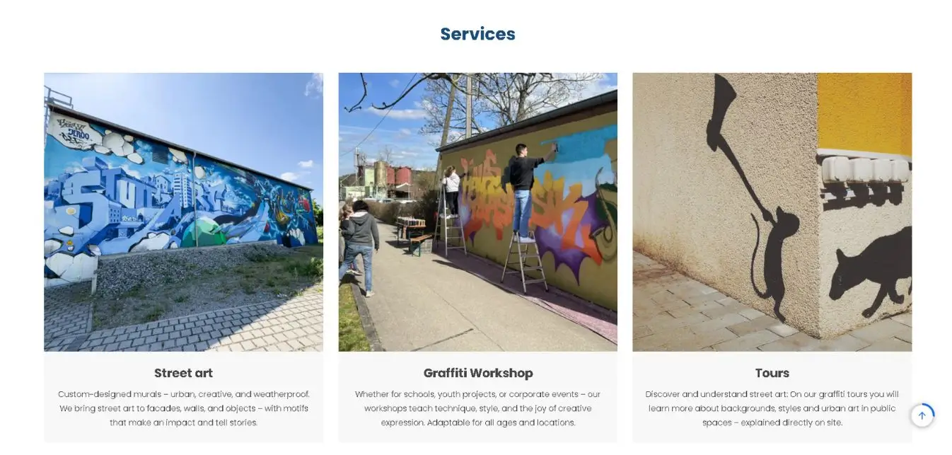 Übersicht der Services mit Street Art Fassade Graffiti Workshop und künstlerischer Wandgestaltung