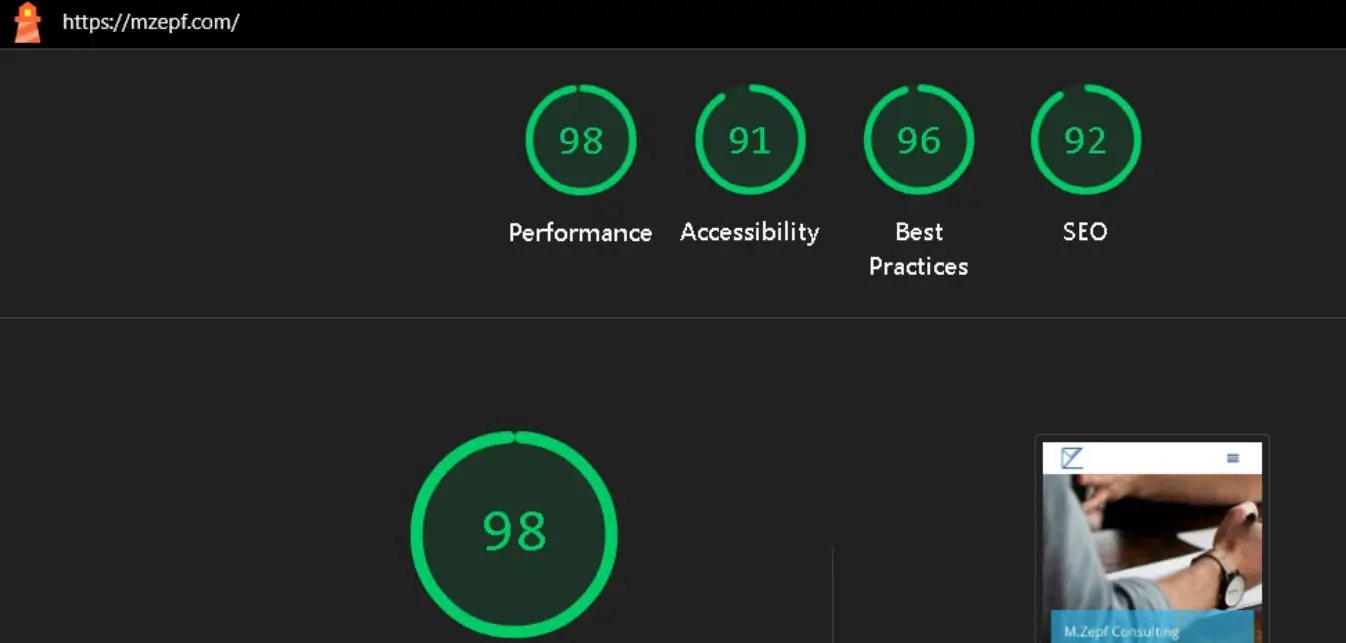 Lighthouse Analyse von mzepf.com mit Performance Wert 98 sowie hohen Werten in Accessibility Best Practices und SEO