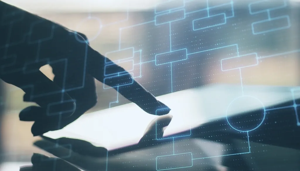 Digitaler Workflow auf Tablet mit verbundenen Prozessschritten als Symbol für automatisiertes Lead Management und Conversion Prozesse