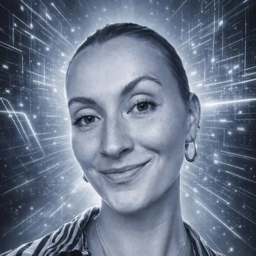 Bella, AkiByte SEO Expertin und Content Editor im silbernen Neonlicht vor digitalem Hintergrund