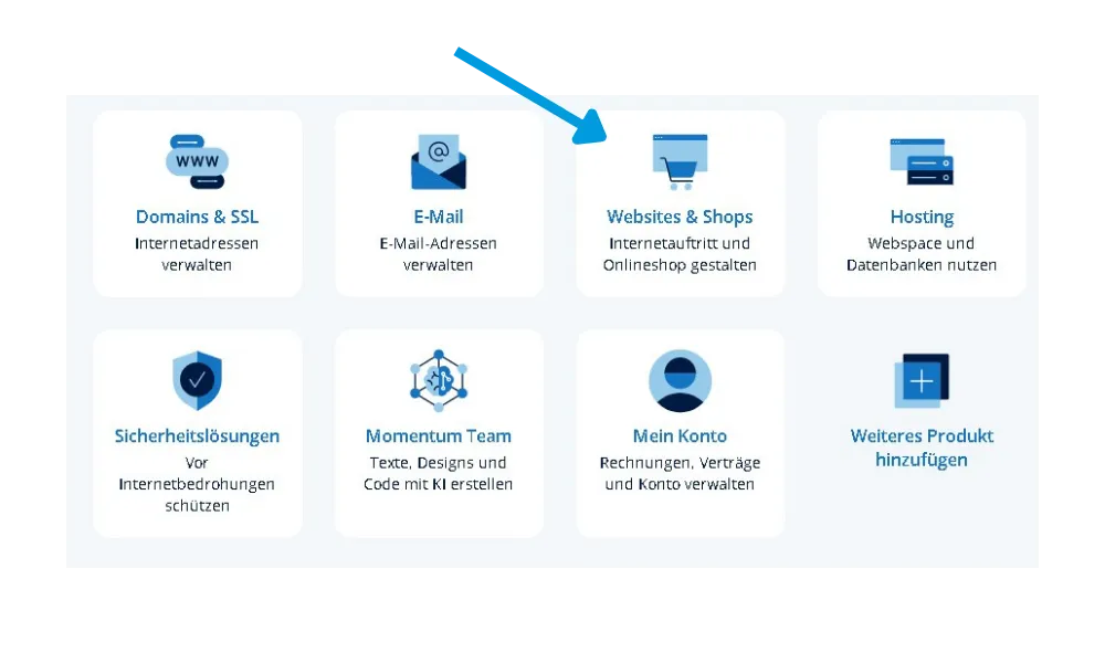 IONOS Dashboard mit der Auswahl „Websites & Shops“, über die Webseiten und Online-Shops verwaltet werden