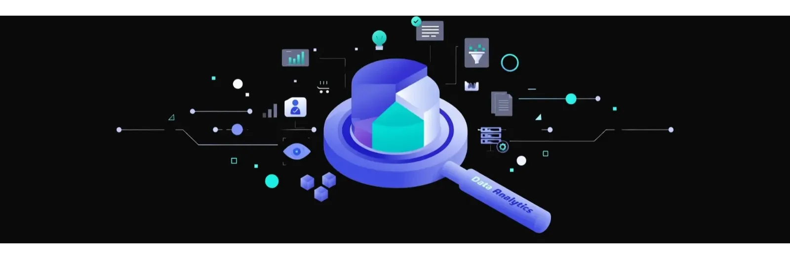 Digitale Illustration einer Lupe über einem 3D-Tortendiagramm mit Analyse-Icons, die GEO-Datenanalyse und Optimierung darstellen