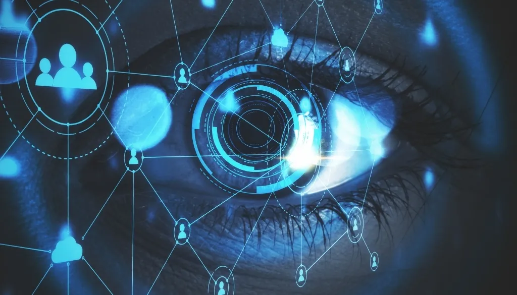 Menschliches Auge mit digitalem Netzwerk als Symbol für Online Sichtbarkeit, Datenvernetzung und Social Media Reichweite