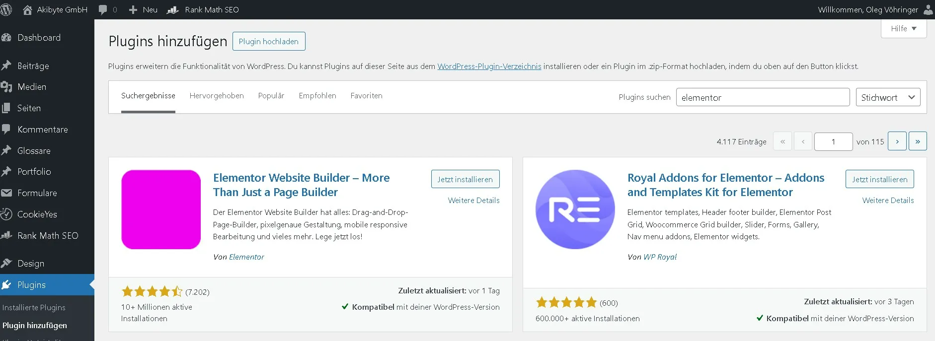 WordPress Plugin-Verzeichnis im Dashboard mit Suchergebnis für Elementor und dem Button „Jetzt installieren“ zur Installation des Elementor Website Builders