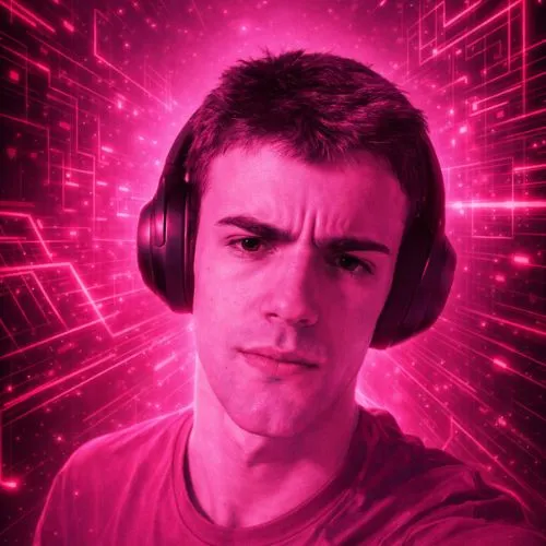 Ismael, AkiByte Social Media Experte im pinken Neonlicht vor futuristischem Hintergrund